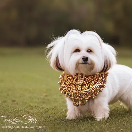 Image similar to cream - colored havanese dog wearing an ornate african necklace, a headpiece made from flowers, soft light colored background, intriguing pose, photo by tyler mitchell