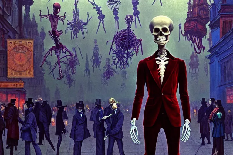 Prompt: realistic detailed photorealistic film portrait shot of a single skeleton wearing crimson velvet blazer in a crowded futuristic moscow street by Denis Villeneuve, Amano, Yves Tanguy, Alphonse Mucha, Ernst Haeckel, Andrei Tarkovsky, Edward Robert Hughes, Roger Dean, rich moody colours, wide angle, blue eyes