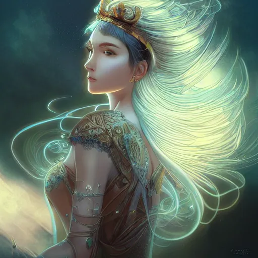 Prompt: princess of light, style of moebius, artgerm, james jean, long glowing ethereal hair, cinematic, highly detailed, award winning