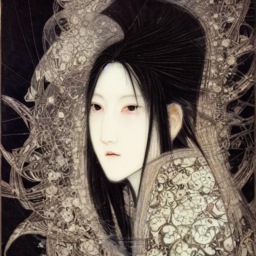 Prompt: yoshitaka amano blurred and dreamy illustration of a japanese woman with black eyes, wavy white hair fluttering in the wind wearing elden ring armor with engraving, abstract patterns in the background, noisy film grain effect, highly detailed, renaissance oil painting, weird portrait angle, blurred lost edges, three quarter view