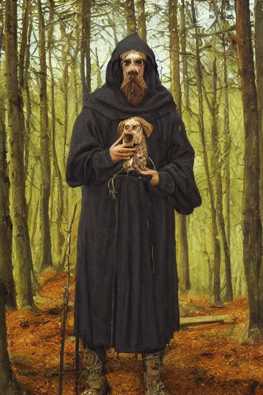 Image similar to slavic dog head man, woolen torso in medieval clothes, walking in the forest, orthodox saint christopher, oil painting, painting by viktor vasnetsov, painting by viktor whimmy, concept art, hyperrealism, beautiful, high resolution, trending on artstation,