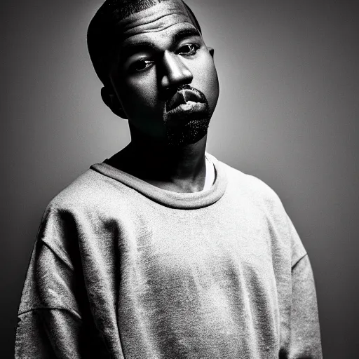 Prompt: the face of young kanye west wearing yeezy clothing at 1 9 years old, black and white portrait by julia cameron, chiaroscuro lighting, shallow depth of field, 8 0 mm, f 1. 8