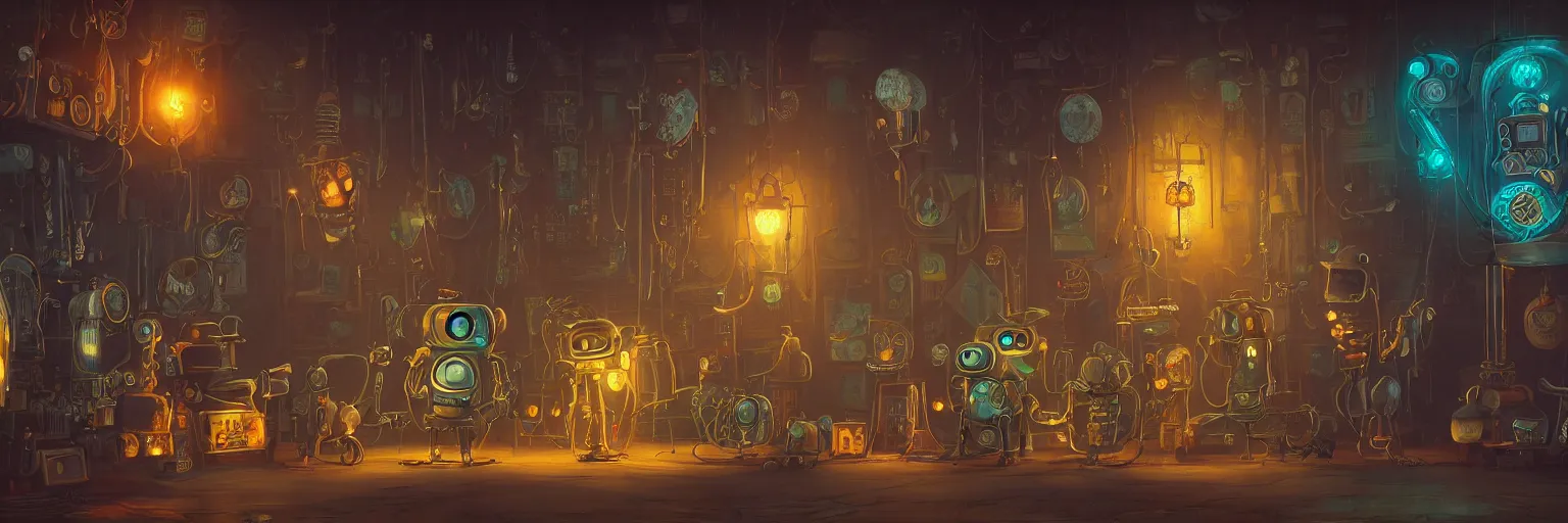 Prompt: a beautiful painting of a tapestry of a dream, a robot standing, ultra detailed, dark, steampunk, moody, candles, neon signs, infographic, characters from machinarium, by don bluth, trending on artstation, octane render