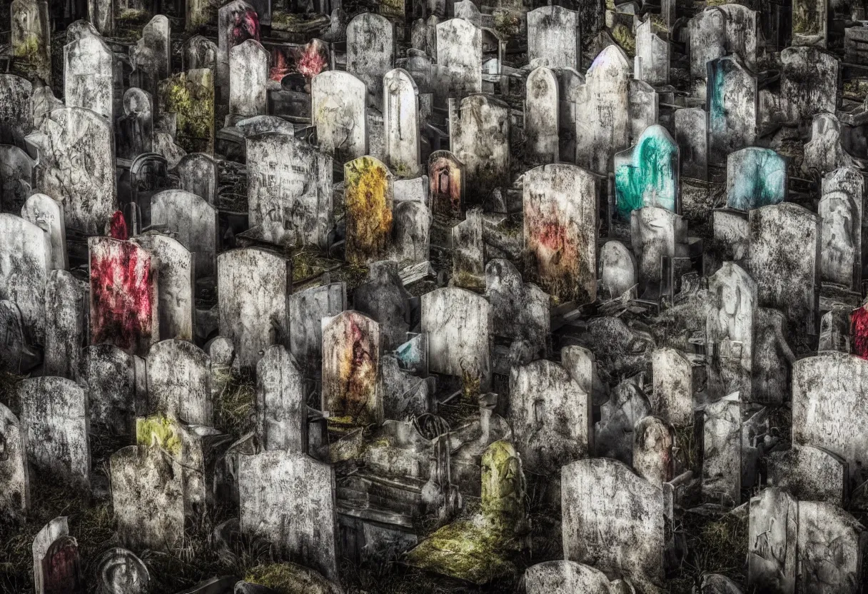 Prompt: decaying faces among the tombstones in demonic cemetary, colorfully ominous background, minimalism, hyper realism, matte painting, realistic, dramatic lighting, octane render, highly detailed, cinematic lighting, cinematic