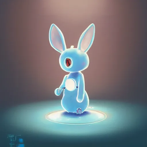 Prompt: artstation, by hayao myazaki, concept art, digital art, light blue, 2 - dimensional, 2 d, a rabbit robot