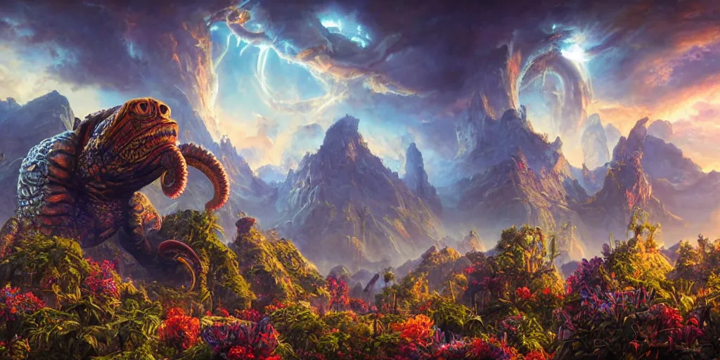 Prompt: fantasy oil painting, great leviathan, cybernetic turtle cephalopod terrapin reptilian pachyderm squid, hybrid, anubis, epic, natural light, lush plants flowers, spectacular mountains, bright clouds, ufo, luminous sky, outer worlds, golden daple lite, craig mullins, michael cheval