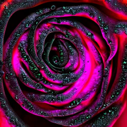 Image similar to award - winning macro of a beautiful black magma rose made of glowing molten lava, inner glow, magma texture