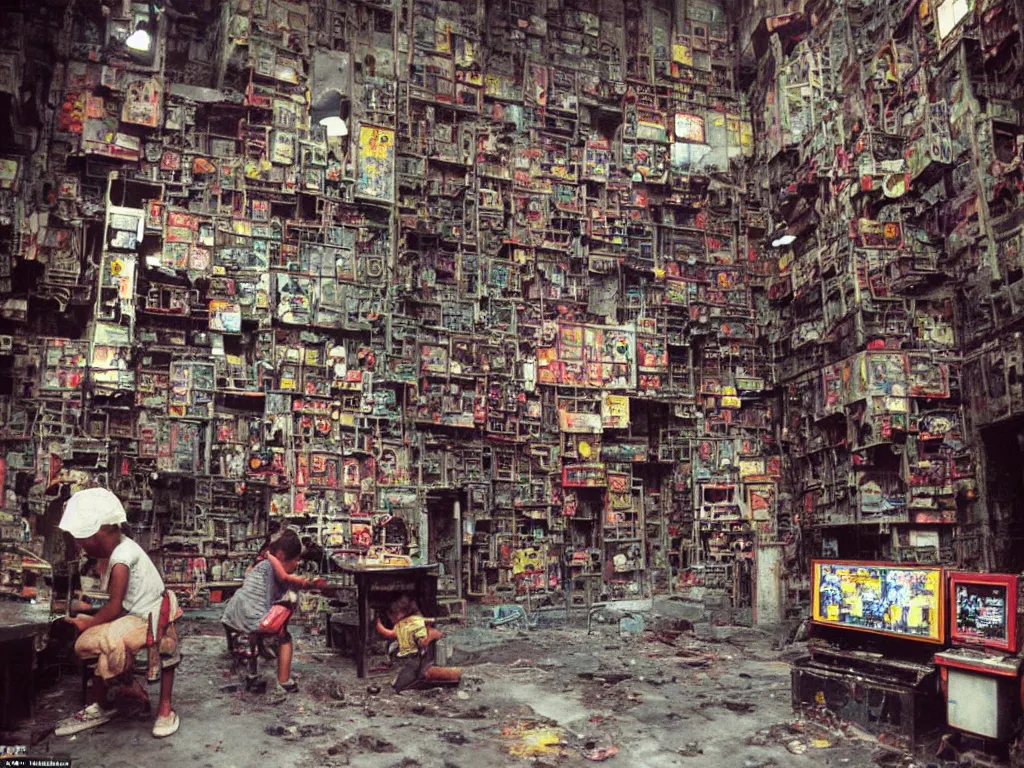 Prompt: closeup 1 9 8 8 photo of : inside the labyrinthine “ kowloon walled city ”, children are playing colorful video games in a narrow cramped dense indoor arcade. the arcade is full of industrial machinery, and is tattered and dirty. full - color professional journalistic photography from “ time ” magazine.
