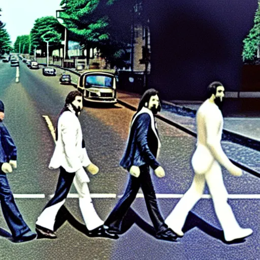 Prompt: freddy mercury crossing abbey road realistic photo