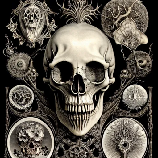 Image similar to art forms of nature by ernst haeckel, memento mori by arthur rackham, ornate antique porcelain beautiful skull mask, ultrasharp, photorealistic, hyperdetailed, octane render, polished, art nouveau, neo - gothic, gothic, intricate ornamental organic filigree, art nouveau botanicals, art forms of nature by ernst haeckel, horizontal symmetry, symbolist, visionary