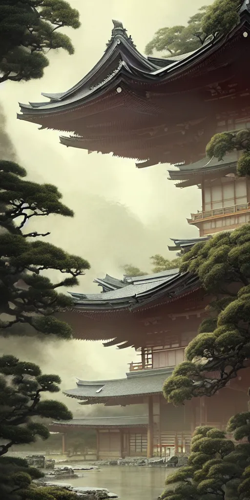 Image similar to japanese style palace under attack, hyper realistic, lush gnarly plants, 8 k, denoised, by greg rutkowski, tom bagshaw, james gurney cozy atmospheric and cinematic lightingg