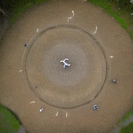 Image similar to shot from drone, real life, summoning, ritual, by greg rutkowksi