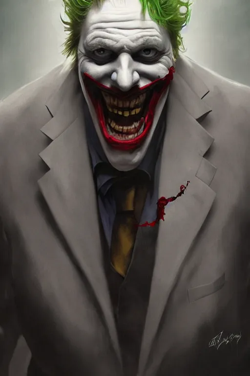 Prompt: Boris Johnson as Joker from The Dark Knight, portrait, highly detailed, digital painting, artstation, concept art, smooth, sharp focus, illustration, cinematic lighting, art by artgerm and greg rutkowski and alphonse mucha