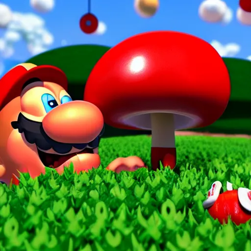 Prompt: Crazed Super Mario devours a screaming red mushroom in a green field, unrealengine, photorealistic, 8k render