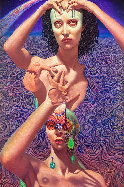 Image similar to mystic cult girl performing realism third eye ritual, expanding energy into waves into the ethos, epic surrealism 8k oil painting, portrait, high definition, post modernist layering, by Ernst Fuchs, Gerald Brom