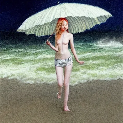 Prompt: Elle Fanning at night, stormy weather, beach, extremely detailed masterpiece, illustration, by Michael Sowa,