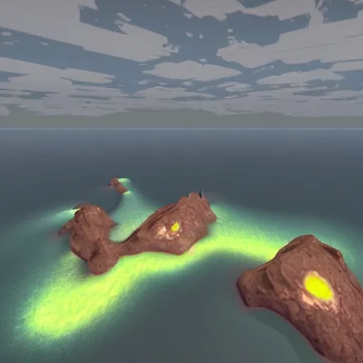 Prompt: magical islands floating in the sky with glowing ore visible in the bedrock