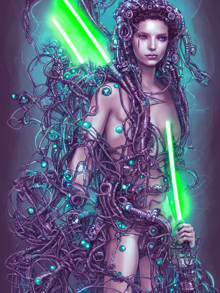 Image similar to half covered body portrait of a beautiful cyber witch medusa, jedi, keys, in a cyberpunk garden, mystic unity, becoming one with the machine overlord, elegant pose, body covers with neon crystals, detailed sketch drawing, concept art, star wars