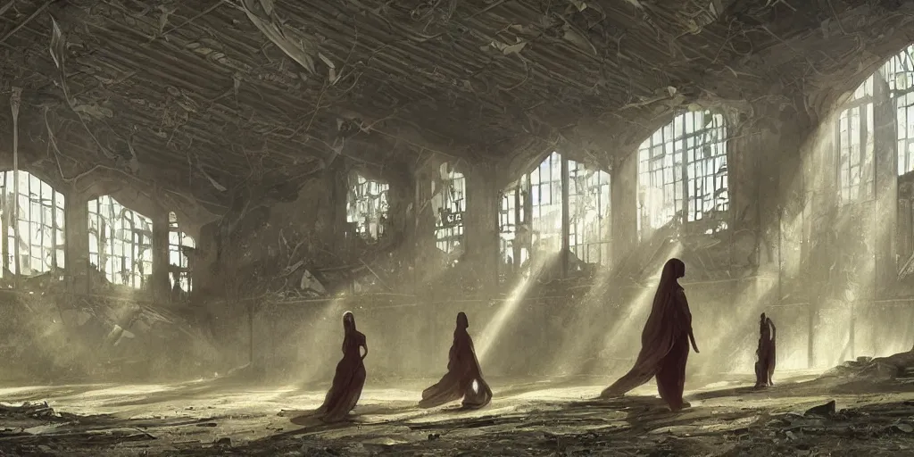 Image similar to “two figures enter abandoned derelict stadium, volumetric rays, wide angle, cinematic lighting, intricate, elegant, highly detailed, digital painting, artstation, sharp focus, illustration, art by artgerm and greg rutkowski and alphonse mucha and Wayne Barlowe and william-adolphe bouguereau ”