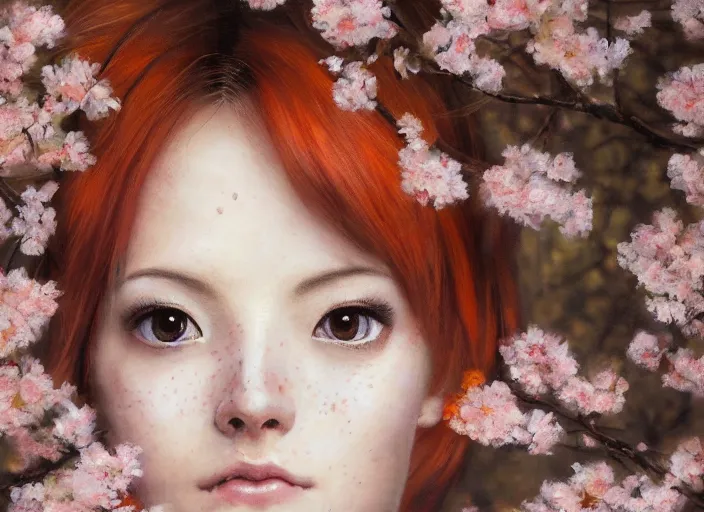 Prompt: Beautiful oil painting of Tracer in a Sakura Tree forest by Titian and Chie Yoshii, portrait, Overwatch, symmetrical face, blush, freckles, intricate, face, hazel iris eyes, brown hair, wearing orange sundress, slim face, elegant, Lena Oxton, light orange mist, pink forest, highly detailed, dramatic lighting, sharp focus, hyper realistic, octane render, raytracing, trending on artstation, artstationHD, artstationHQ, unreal engine, 4k, 8k