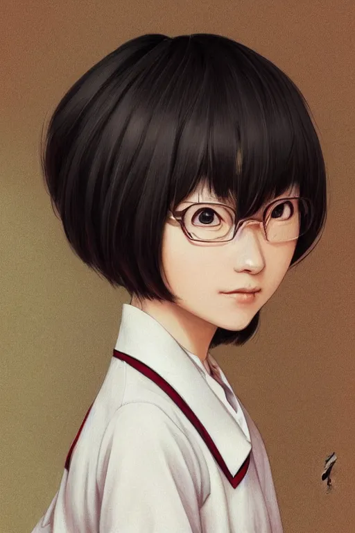 Image similar to realistic character portrait of Minami Hamabe in Japanese school uniform, hair cut in a bob, highly detailed, digital painting, artstation, upper body, concept art, smooth, sharp focus, illustration, art by artgerm and greg rutkowski and alphonse mucha
