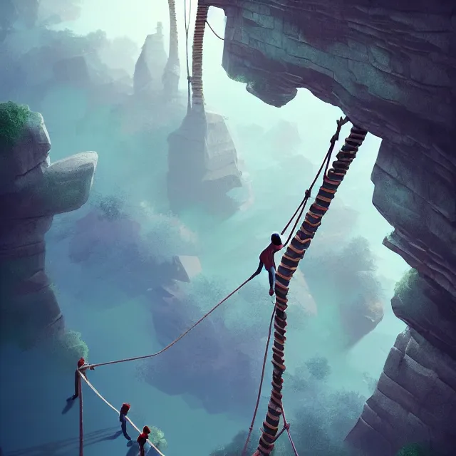Image similar to epic professional digital art of 'A tilt shift of a tight rope walker', best on artstation, cgsociety, wlop, cosmic, epic, stunning, gorgeous, much detail, much wow, masterpiece