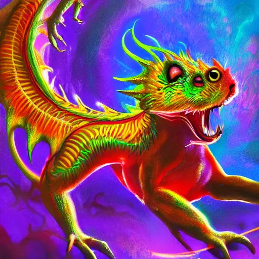 Prompt: an oilpainting of a psychedelic hamster dragon hybrid, hd, artstation, digital art, 4k, 8k