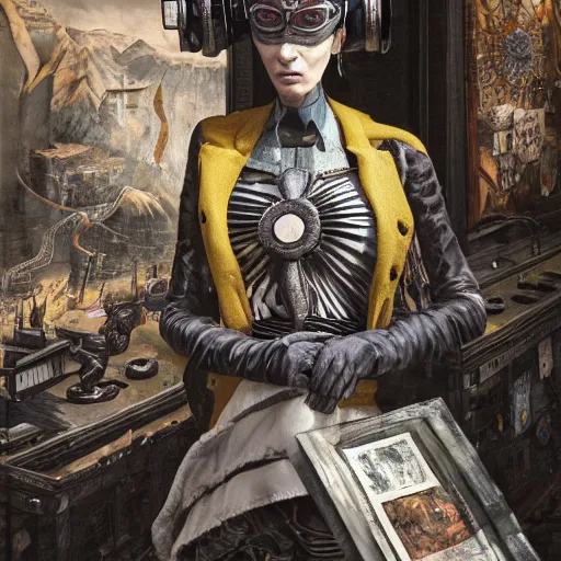 Prompt: italian solarpunk curator in an art gallery with extremely detailed headsets and gloves, inspired by die antwoord beautiful, hand painted textures, cloth physics, deviantart, karol bak, masamune shirow, black and white, photorealistic, concept art, perfect render, 3 d render, pixar, 8 k