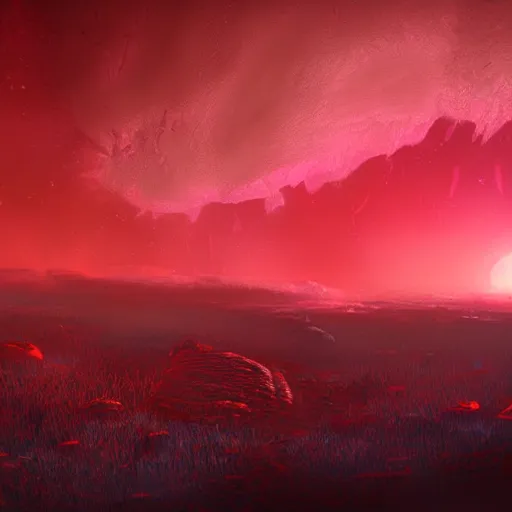 Image similar to concept art of an alien fungal landscape with red sky and dramatic lighting, ringed planet in sky