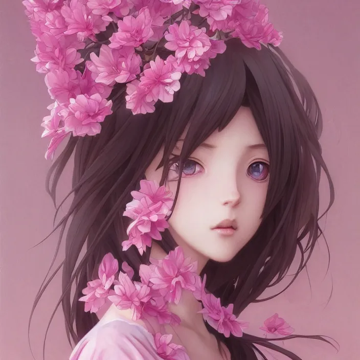 Image similar to pink petals with a shape of an anime girl, krenz, ghibli, anime style, intricate, elegant, highly detailed, wonderful eyes, sweet, digital painting, artstation, concept art, smooth, sharp focus, illustration, art by artgerm and greg rutkowski and alphonse mucha and william - adolphe bouguereau