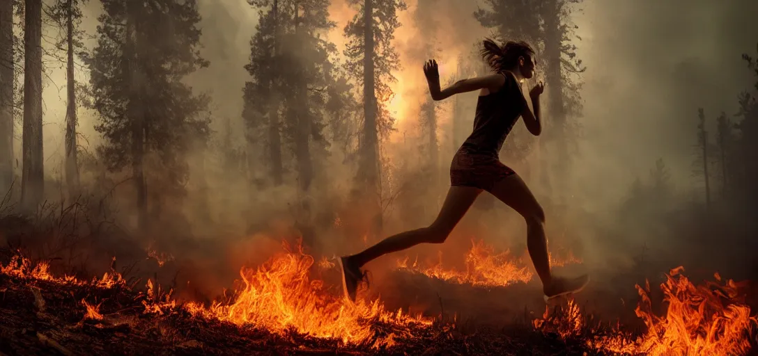 Image similar to full portrait of a young woman running from a forest fire, smoke, flames, dark, gloomy, horror, screaming, insanely detailed, photorealistic, cinematic, dramatic lighting,