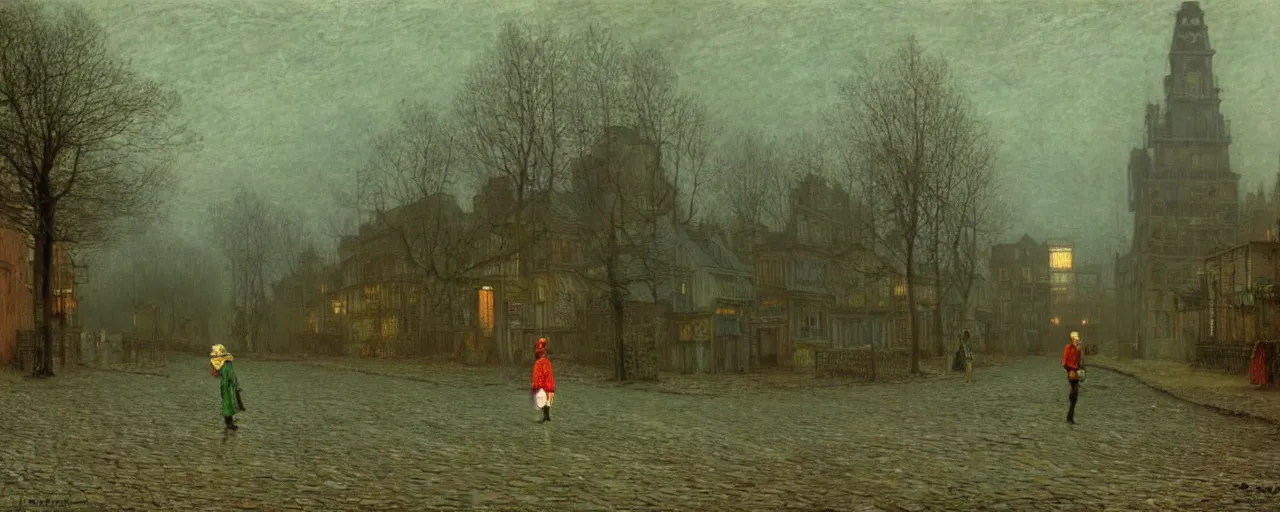 Image similar to a boy lost in a ghost town, in the style of john atkinson grimshaw, landscape, romanticism, streetscape, symbolism, impressionism