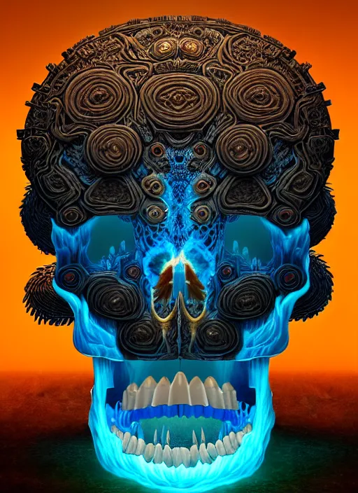 Image similar to 3 d shaman profile portrait, sigma 5 0 0 mm f / 5. beautiful intricate highly detailed quetzalcoatl skull and feathers. bioluminescent, plasma, lava, ice, water, wind, creature, thunderstorm! artwork by tooth wu and wlop and beeple and greg rutkowski, 8 k trending on artstation,