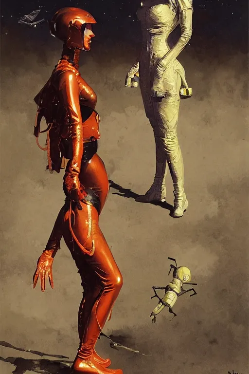 Image similar to minoton standing beside elegant lady wearing a latex spacesuit, by norman rockwell, jack kirby, jon berkey, earle bergey, craig mullins, ruan jia, jeremy mann, tom lovell, marvel, astounding stories, 5 0 s pulp illustration, scifi, fantasy, artstation creature concept, sinbad movie, harryhausen