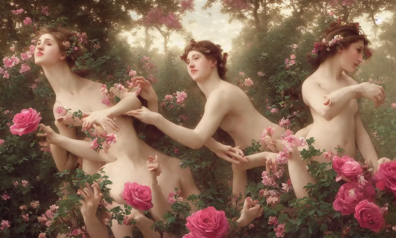 Prompt: a luminous springtime fairytale of beautiful realistic woman with a pretty face dancing with an iridescent dragon in a romantic rose garden. Neon light, masterpiece 4k digital illustration by Artgerm and William-Adolphe Bouguereau, award winning, Artstation, Gustave Dore' background, intricate details, realistic, panoramic view, volumetric lighting, Hyperdetailed, 8k resolution, intricate art nouveau, golden hour, rendered in Unreal Engine 3