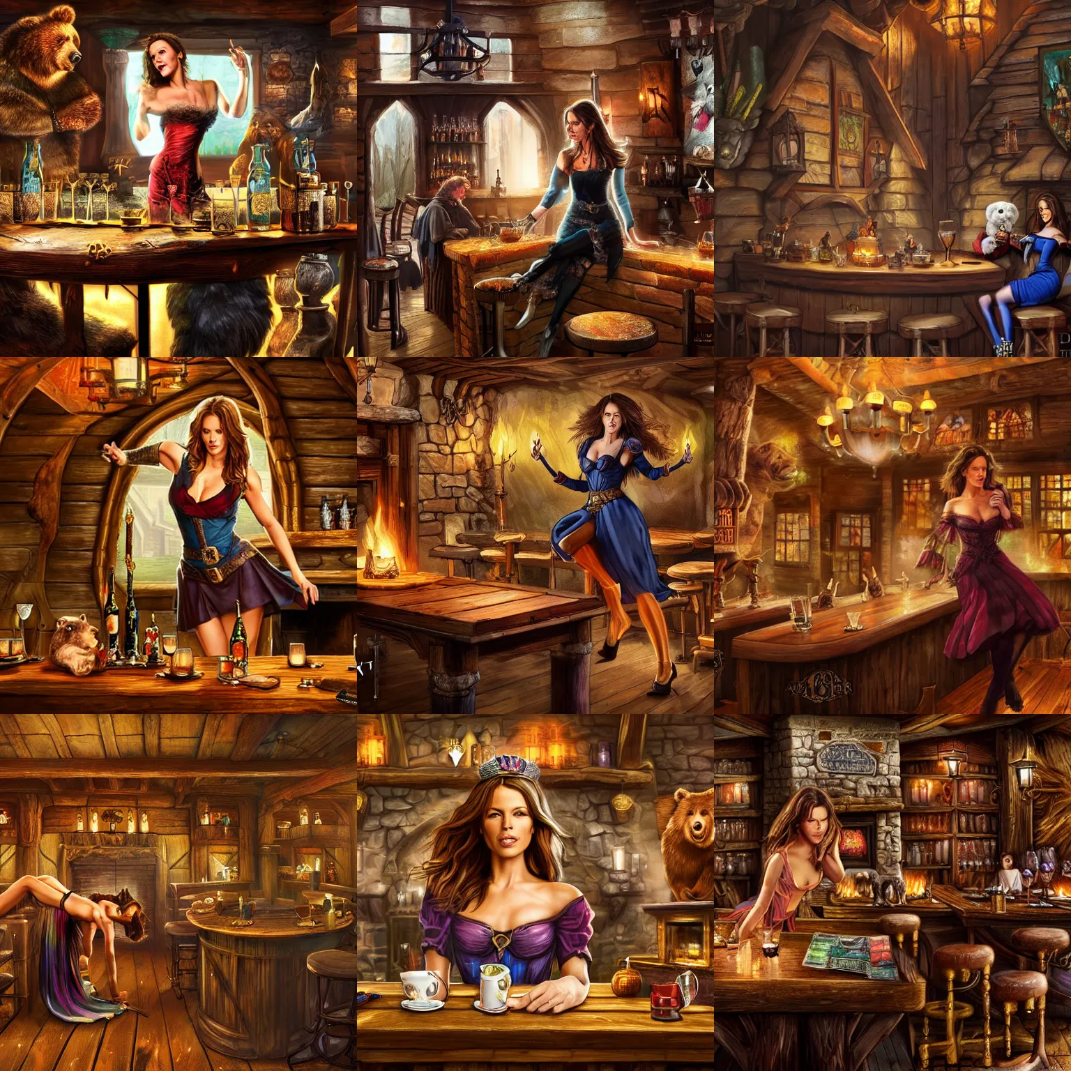 Prompt: kate beckinsale dancing on table, sit in fantasy tavern near fireplace, behind bar deck with bear mugs, medieval dnd, colorfull digital fantasy art, 4k