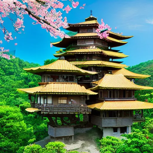 Prompt: fancy pagoda styled treehouse mansion on cliff overlooking terraced fields and pink cherry blossom trees, detailed luminescent painting 4 k