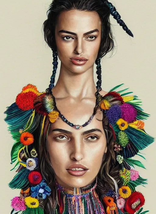 Image similar to beautiful portrait of Irina Shayk wearing fantastic Hand-dyed cotton dress,embellished beaded feather decorative fringe knots ,colorful pigtail,subtropical flowers and plants,symmetrical face,intricate,elegant,highly detailed,8k,digital painting,trending on pinterest,GUCCI,PRADA,harper's bazaar,concept art, sharp focus, illustration,golden ratio,by artgerm,Tom Bagshaw,Lawrence Alma-Tadema,greg rutkowski