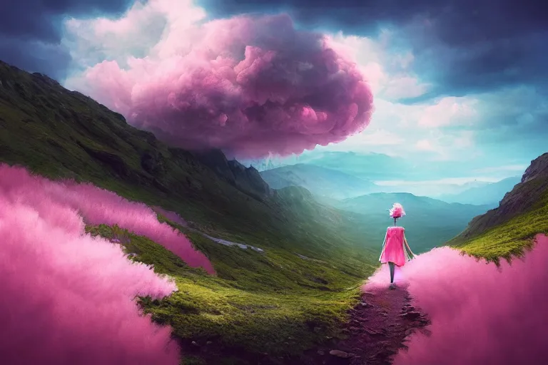Image similar to giant dahlia flower crown head on girl walking on mountain, surreal photography, pink storm clouds, dramatic light, impressionist painting, digital painting, artstation, simon stalenhag