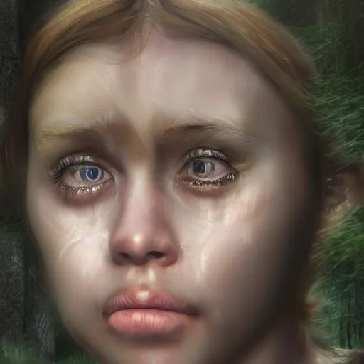 Image similar to a crying girl in the woods, sci - fi, detailed portrait, 3 d