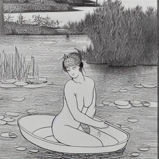 Prompt: A girl bathes in a lake where water lilies are floating, lithography by Aubrey Beardsley, High definition, detailed,