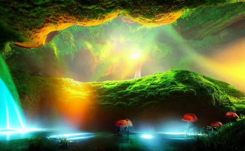 Image similar to a beautiful and stunning professional digital artwork of a humongous glowing mushroom cave, haze, waterfall, volumetric lighting, hyperrealistic, green, blue, sunset, unreal engine 5, ultra detail