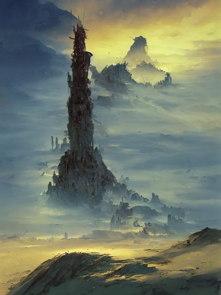 Image similar to tarot card of a tower in a dune sea by John Berkey and Peter Mohrbacher, moody lighting, rocky cliffs