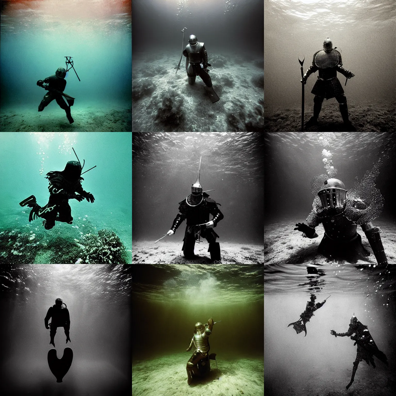 Image similar to Underwater photo of a medieval knight by Trent Parke, clean, detailed, Magnum photos