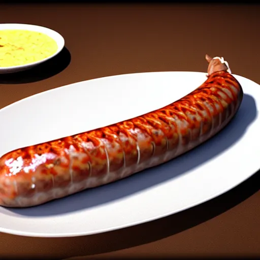 Prompt: realistic 3 d unreal engine render of a half fish half sausage alone on a plate, fish fins on a sausage