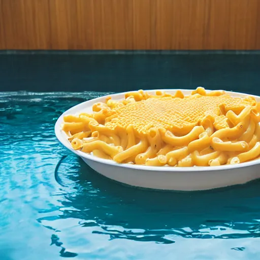 Image similar to a man drowning in a giant pool of mac n' cheese. photograph. medium format.