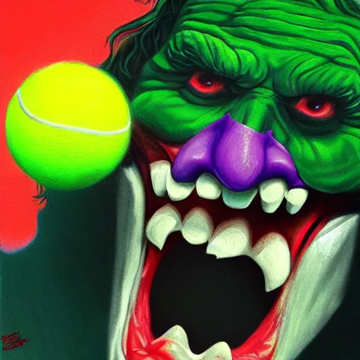 Image similar to a tennis ball monster the joker, chalk, digital art, fantasy, magic, trending on artstation, ultra detailed, professional illustration by Basil Gogos