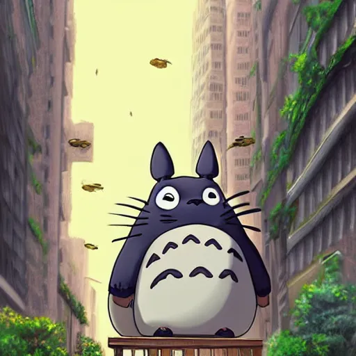 Image similar to totoro doing bussiness, tuxedo, in the big city, skyscrappers, fantasy digital art, wow, stunning, ghibli style, hight quality