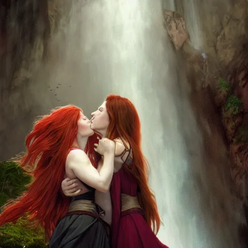 Image similar to an extremely detailed portrait of polyamorous red haired vampire queens kissing while hiding from a thunderstorm in a cave behind a waterfall, epic fantasy, viewed in profile from far away, sharp focus, detailed face, art by greg rutkowski and alphonse mucha, volumetric lighting, 4 k resolution, trending on artstation, masterpiece