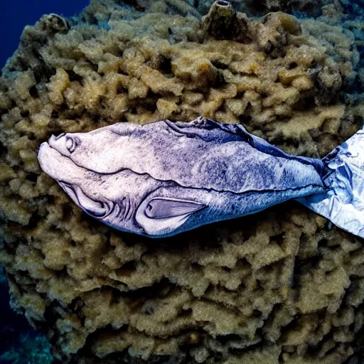 Image similar to an underwater photo of a battered fillet of cod lying on the seafloor